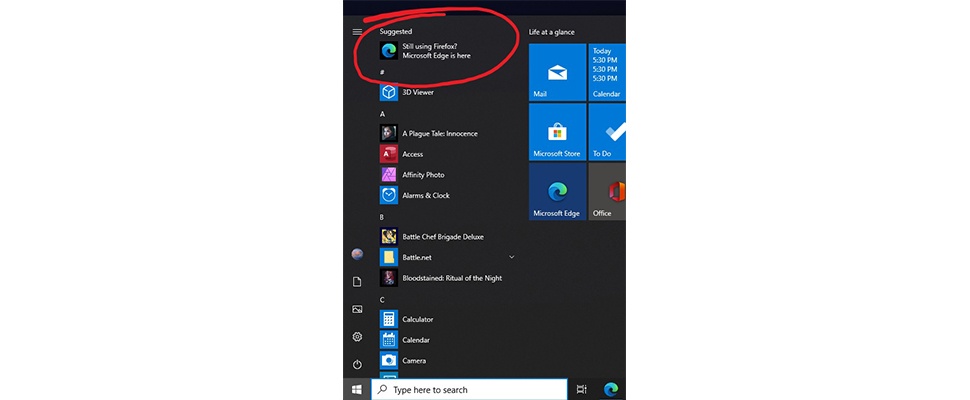 Reclame voor Edge duikt op in startmenu Windows 10